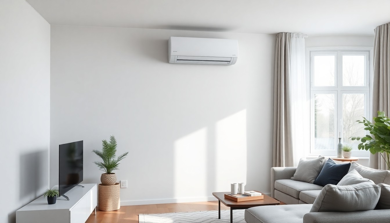 Witte split-unit airconditioning aan binnenmuur woonkamer