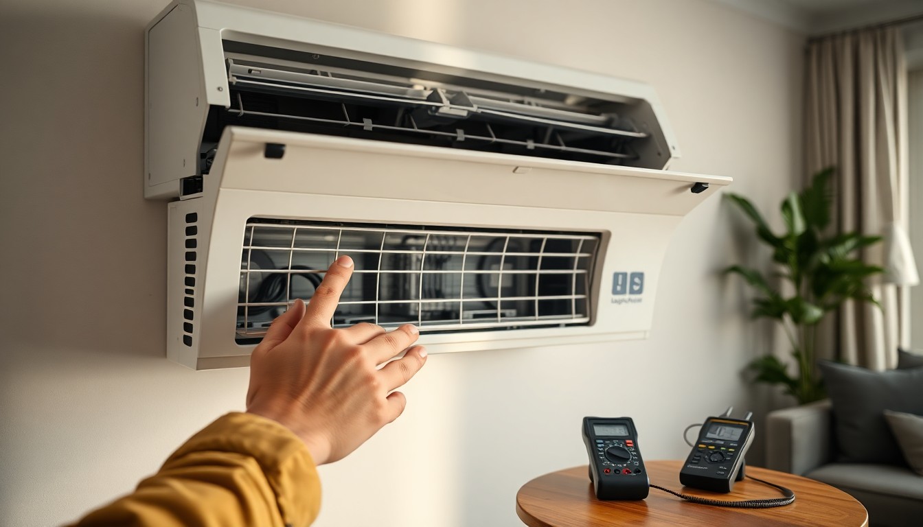 Servicemonteur opent airco-binnenunit voor filter-controle