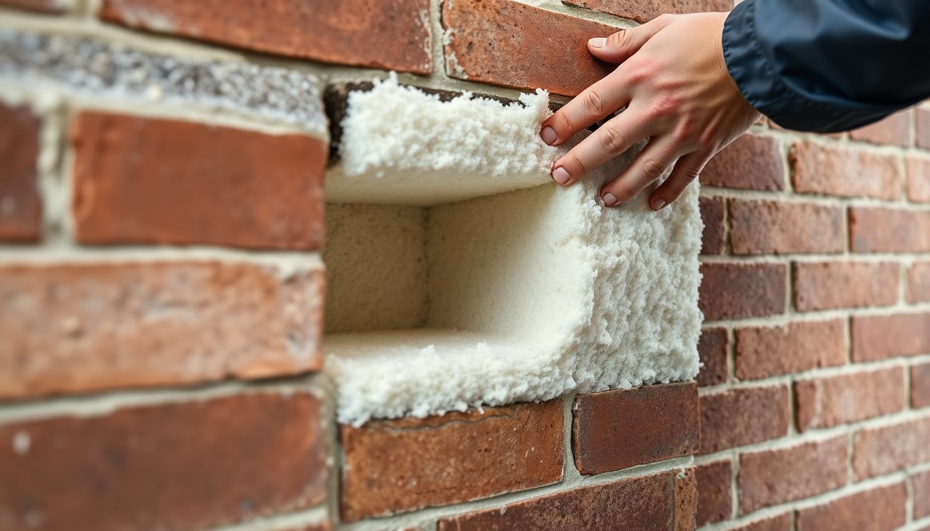 Spouwmuur isolatie met witte mineraalvlokken in baksteen-spouw