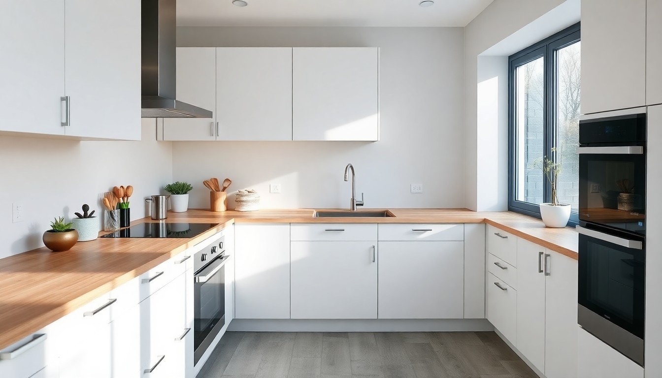 Moderne Nederlandse keuken met witte kasten en lichte werkblad