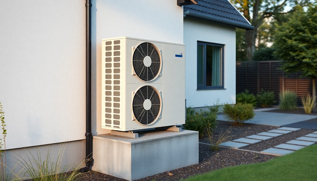 Buitenunit warmtepomp op betonnen sokkel naast Nederlandse woning